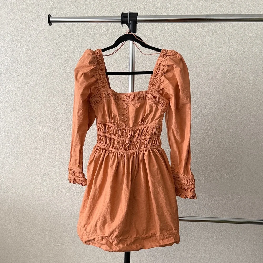 Magali Pascal Dress Smocked Orange Long Sleeve Mini Dress Puff Shoulders Size S - Picture 2 of 7